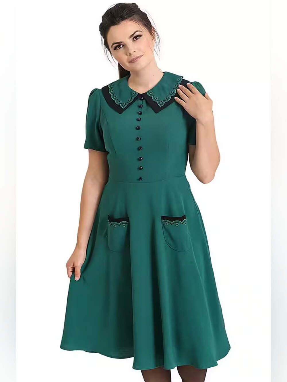 NWOT Hell Bunny Emily Dress Green Double Collar Swing Skirt Vintage 50s Retro XL